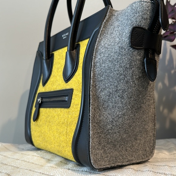 Céline Yellow, Grey, Black Leather & Wool Felt Micro Shopper Tote Fall 16’ - Picture 13 of 17